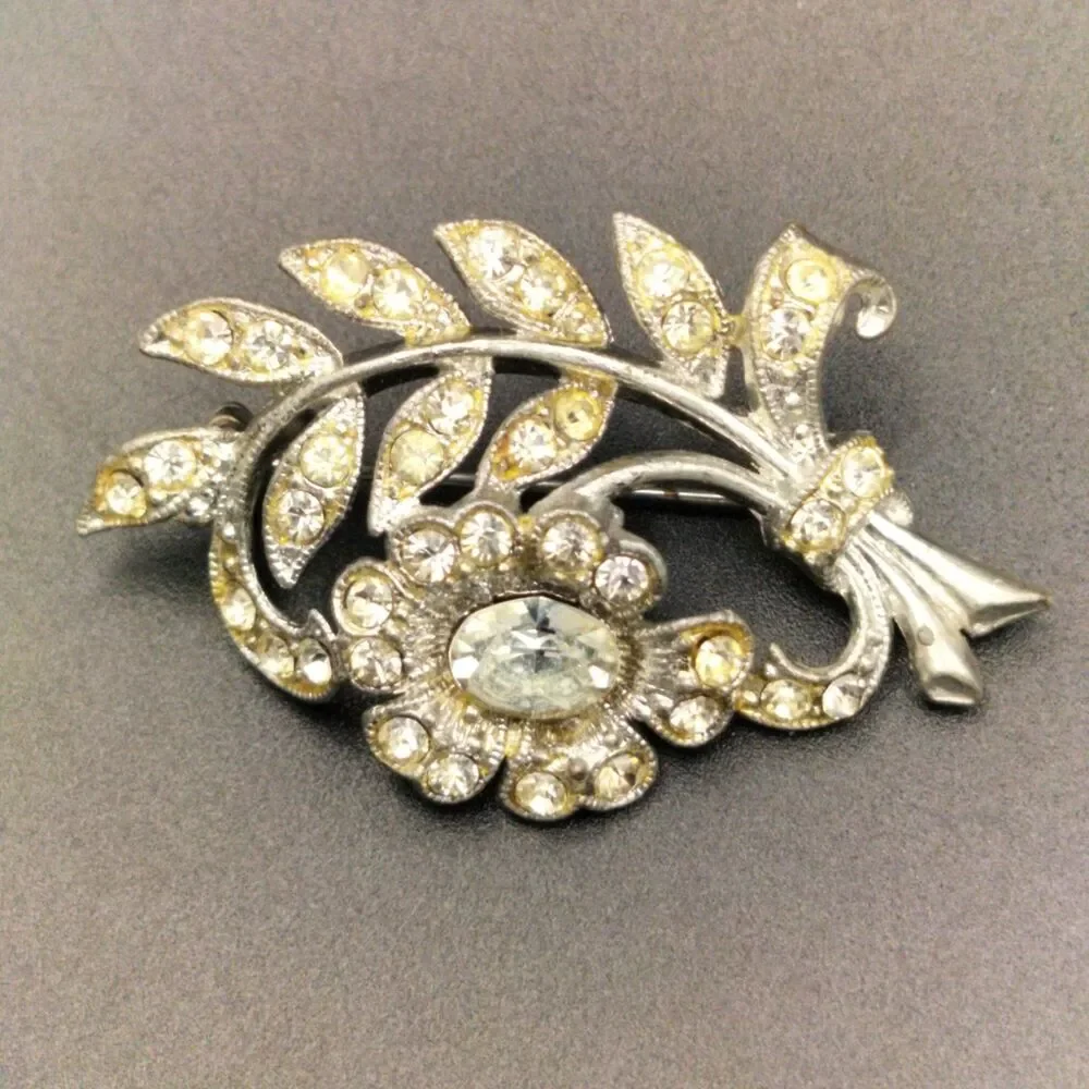 Vintage Floral Foliage Rhinestone Brooch Pin Silver Tone 2